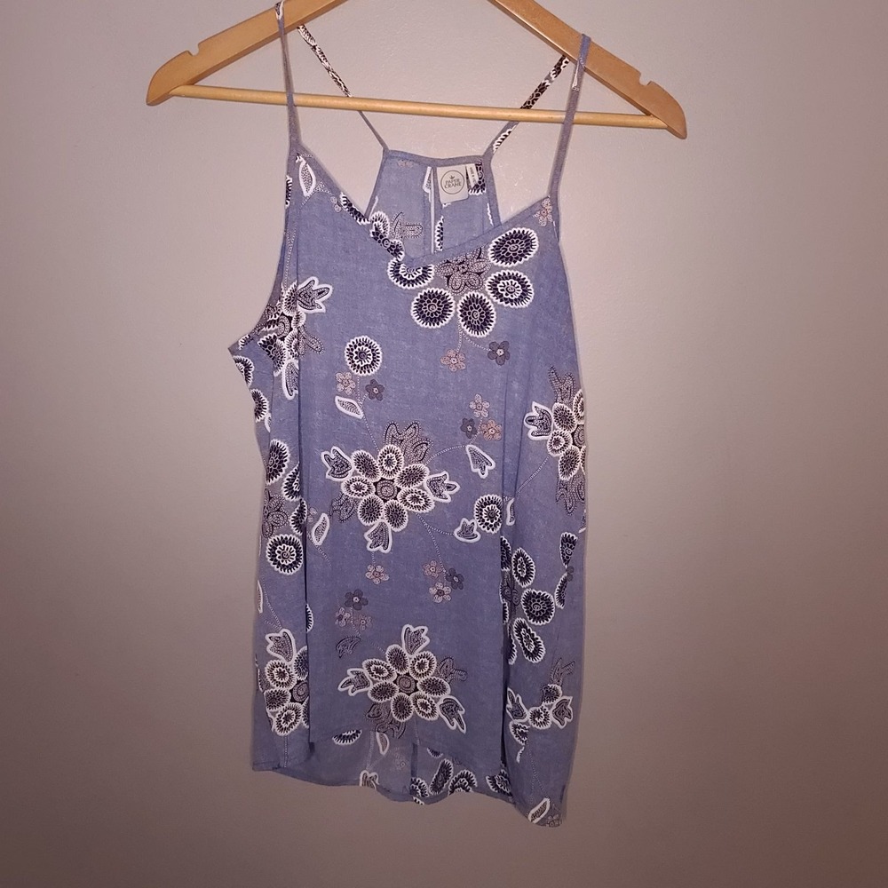 Paper Crane Floral Halter Tank Top Blue White Boho Keyhole Back Cami Medium